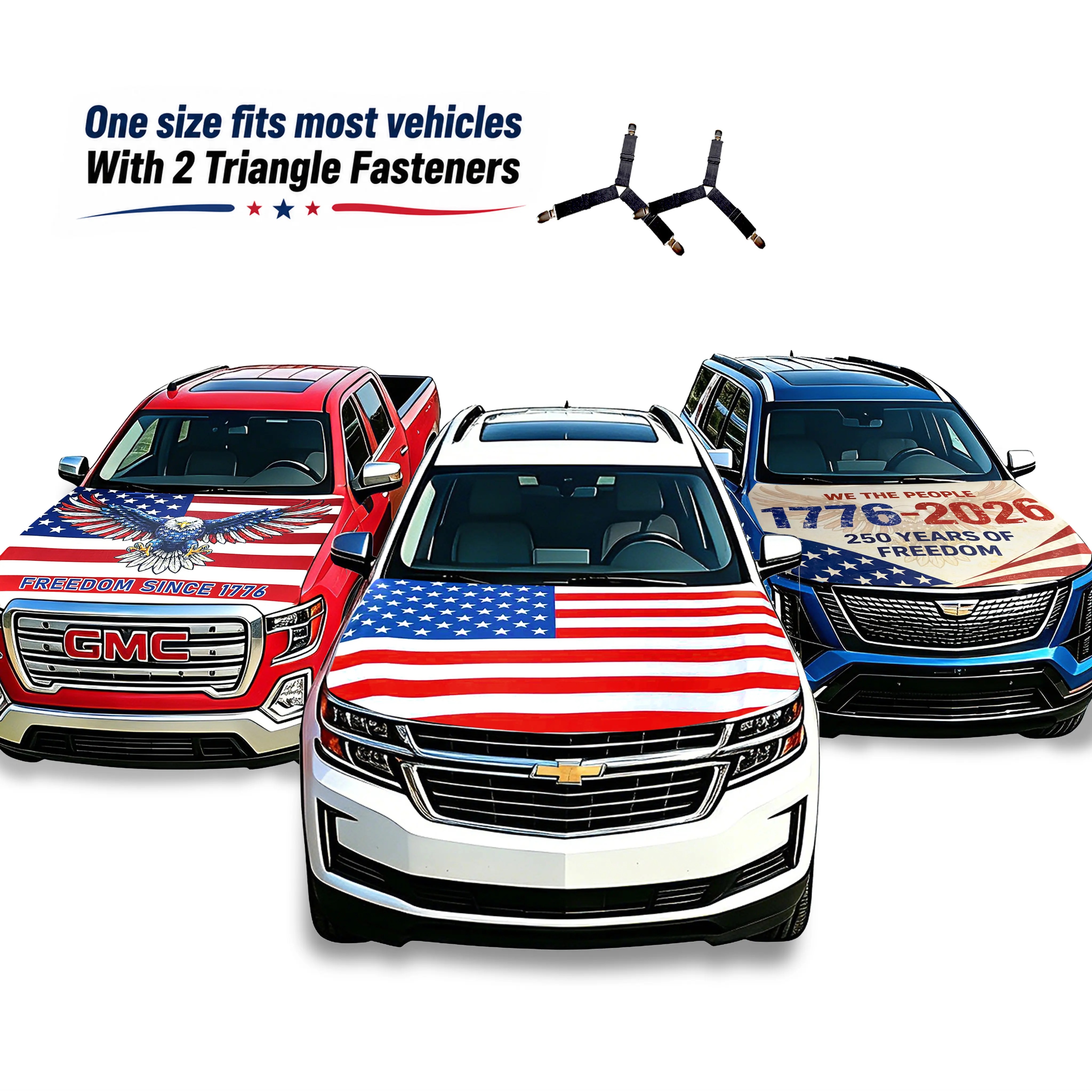 American Flag Car Hood Cover With Dual Triangle Clips Fits Trucks SUVs Sedans